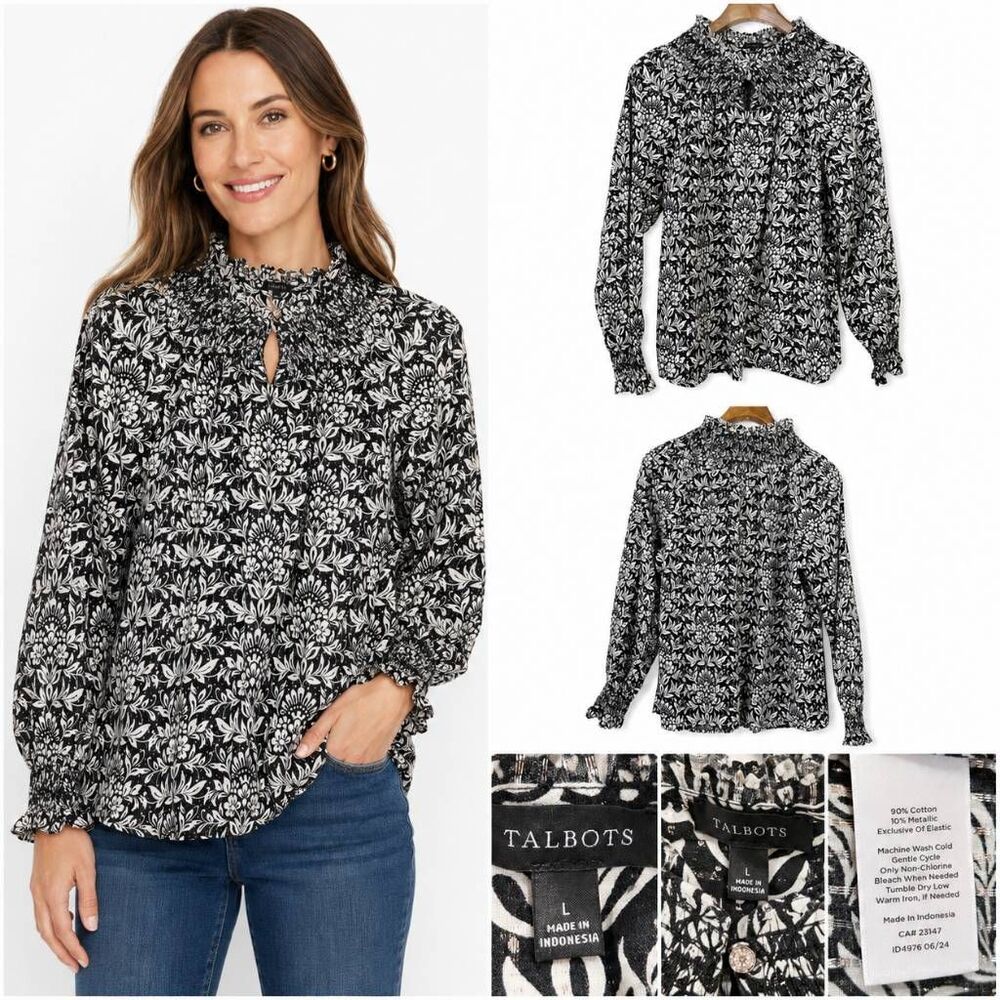 Talbots L Black Ivory Floral Smocked Neck Blouse
